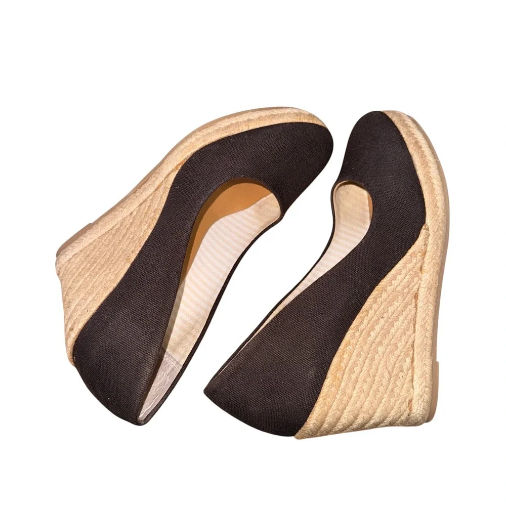 G.H. Bass Kester Wedge Pump Women 8M Pre-Owned Espadrille Black Canvas Jute Heel